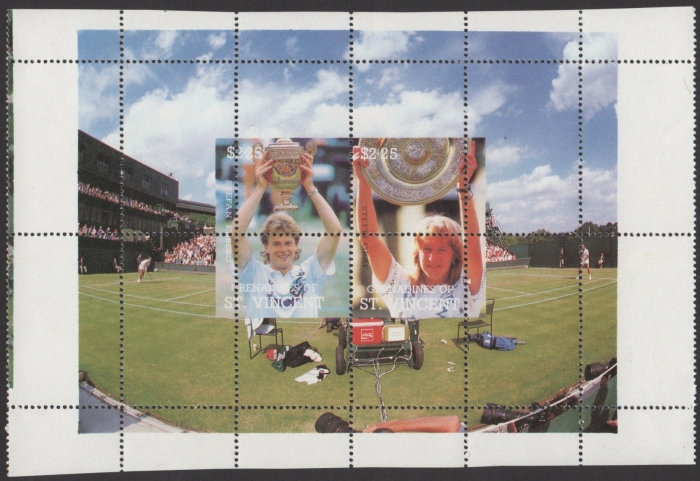 1988 Saint Vincent Grenadines Tennis Players Souvenir Sheet with Perforation Error and Missing Color Error 1988 Saint Vincent Grenadines Tennis Players Souvenir Sheet with Perforation Error and Missing Color Error